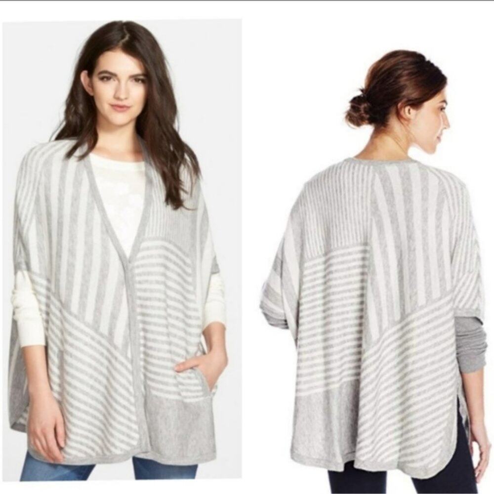 Splendid Poncho Grey White Striped Longline Wool Cashmere Size Small